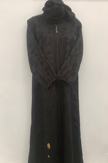 Children Pattern Zip Abaya- Black Elastic Sleeve