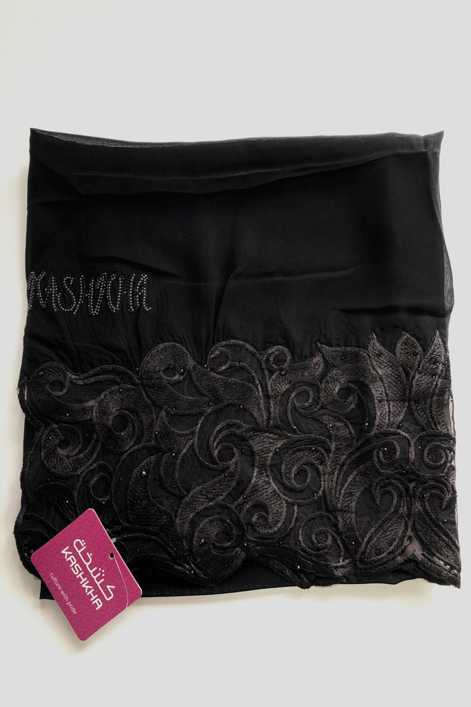 Kashkha Black Diamante Chiffon Long Hijab -  14 Pattern
