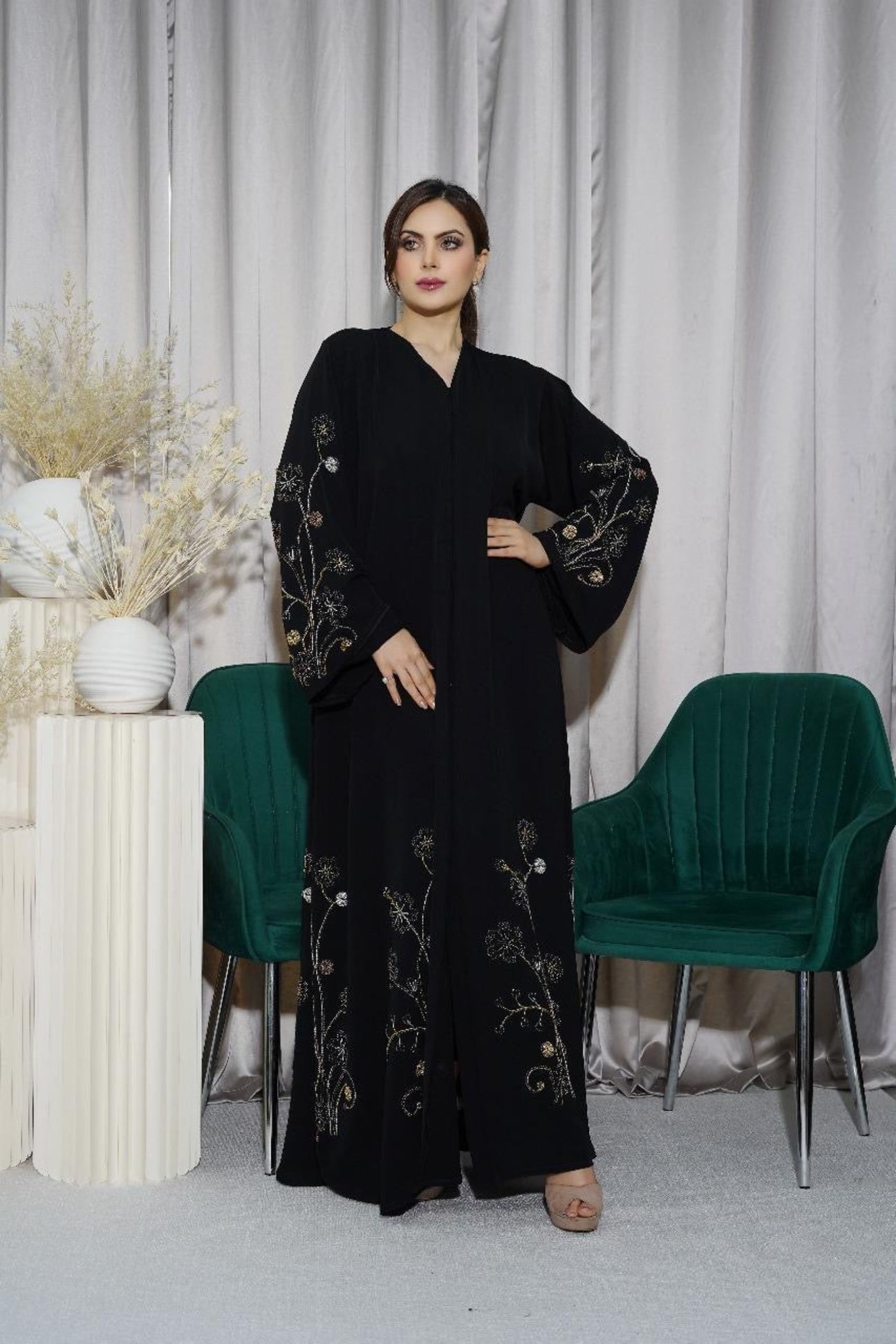 Black Luxury Diamante Floral  Bloom Open Abaya