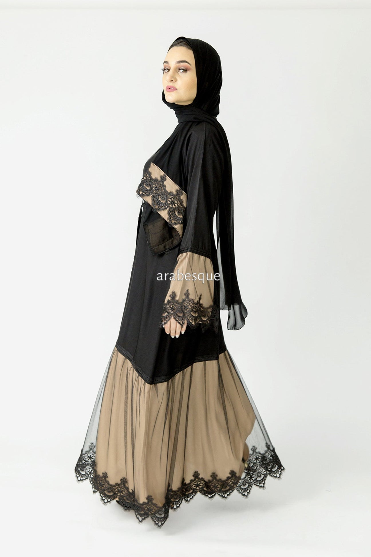 Beige Open Abaya with Lace Detailing