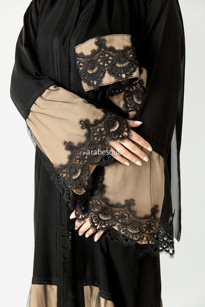 Black & Beige Open Abaya – Lace and Net Panel Detailing