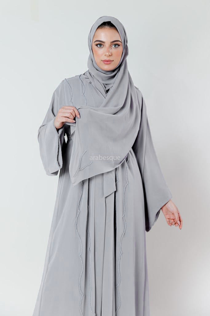 Light Grey Open Abaya – Crystal Embellished Chiffon Design with Pleated Back