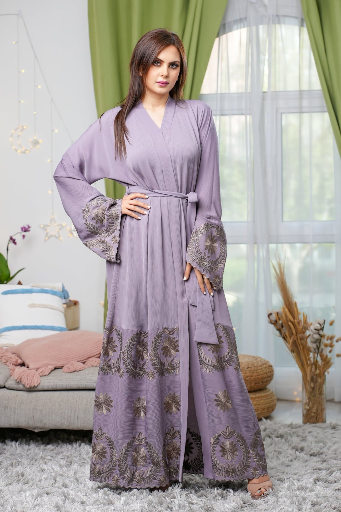 Lilac Luxury Petal Embroidered Belted Crushed Open Abaya