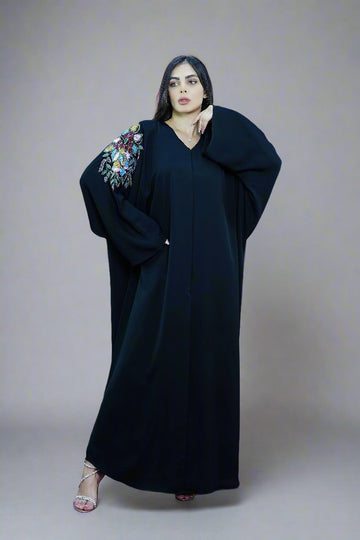 Luxury Black Open Abaya Embellished with Multicolour Floral Beads