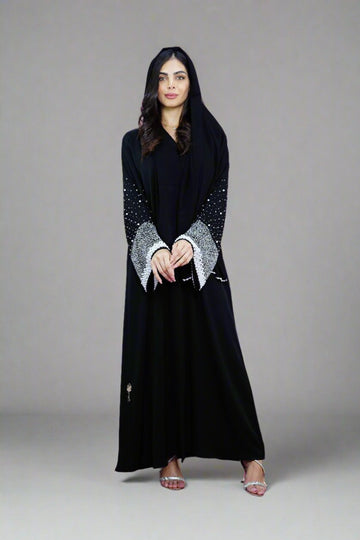 Luxury Pearl Embellished Sleeve Black Open Abaya