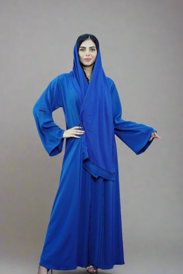 Royal Blue Premium Crystal Embellished Open Abaya with Pleats