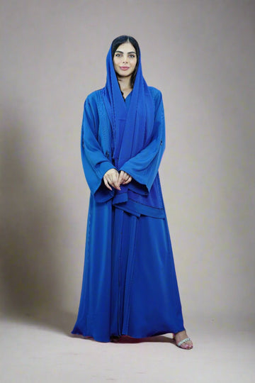 Royal Blue Premium Crystal Embellished Open Abaya with Pleats