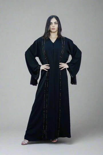 Luxurious Black Open Abaya with Beads Detailing