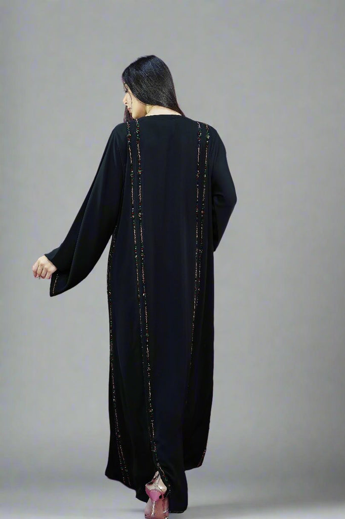 Black Open Abaya – Luxurious Multicolour Beaded Detailing