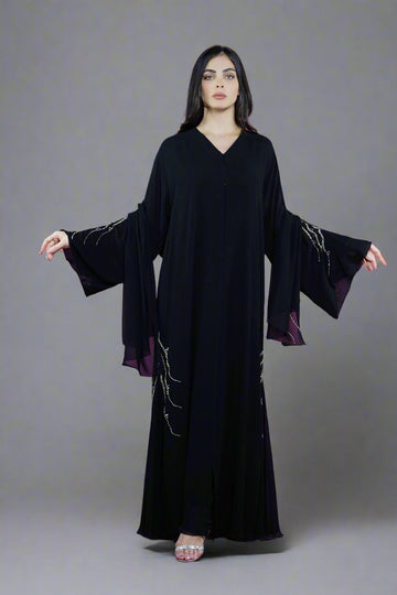 Luxury Black Chiffon Open Umbrella Abaya with threaded beadwork detailing