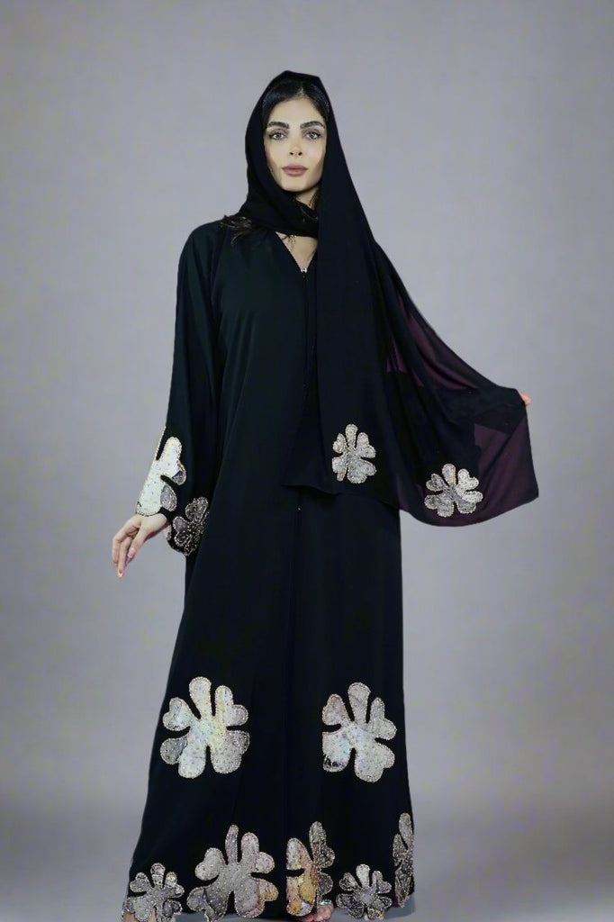 Black Open Abaya – Luxury Floral Thread Embroidery