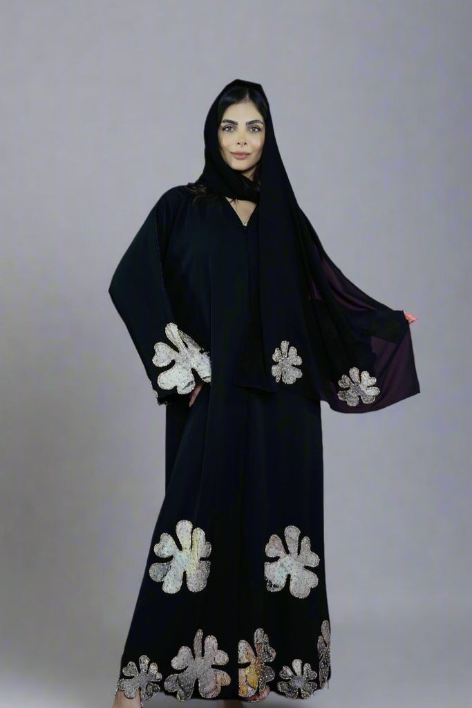 Black Open Abaya – Luxury Floral Thread Embroidery