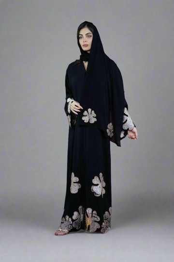 Luxury Floral Thread Embroidery Open Abaya