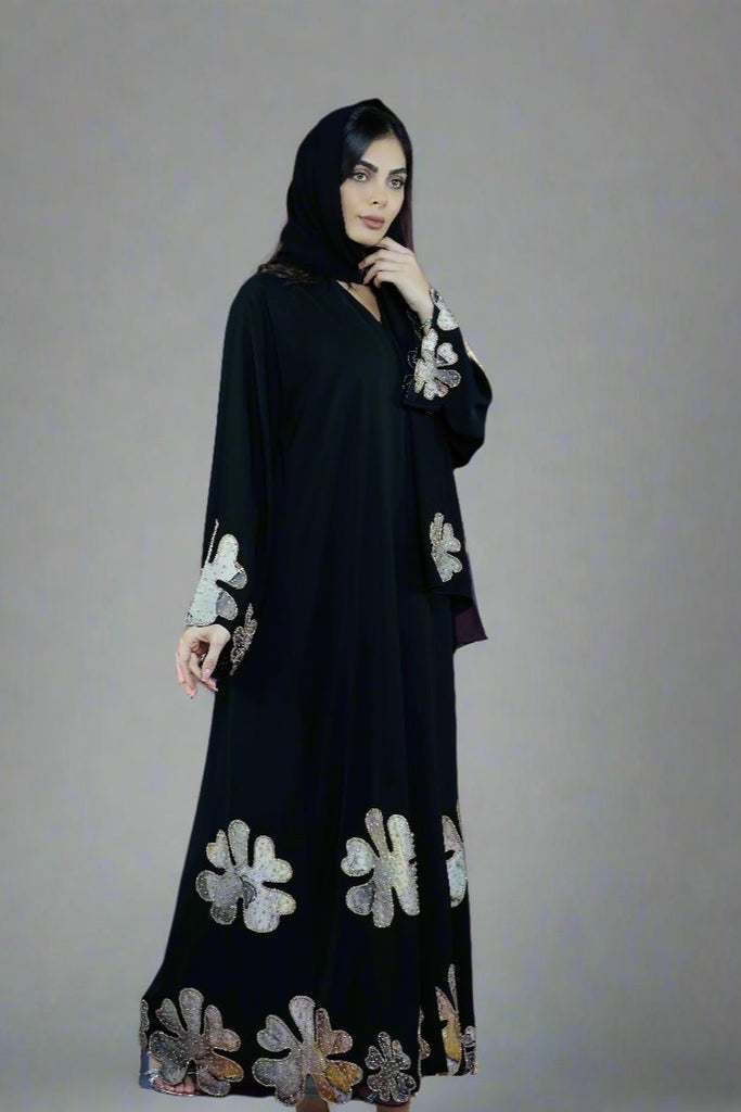 Black Open Abaya – Luxury Floral Thread Embroidery