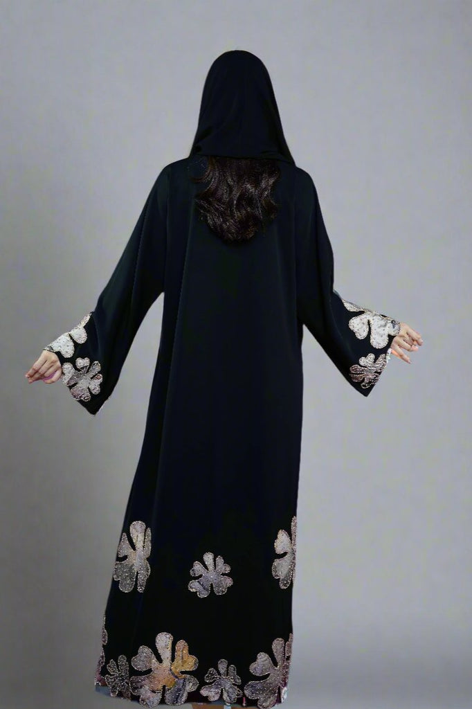Black Open Abaya – Luxury Floral Thread Embroidery