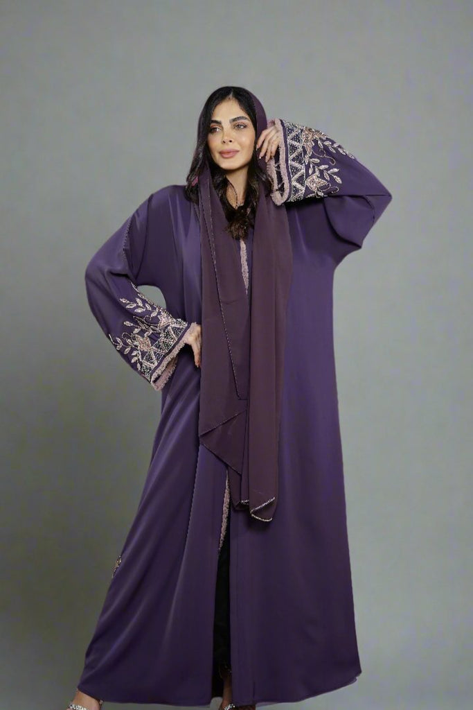 Deep Purple Open Abaya – Luxury Taupe Floral Beaded Sleeve Design