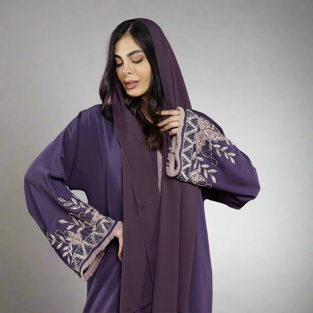 Deep Purple Open Abaya – Luxury Taupe Floral Beaded Sleeve Design
