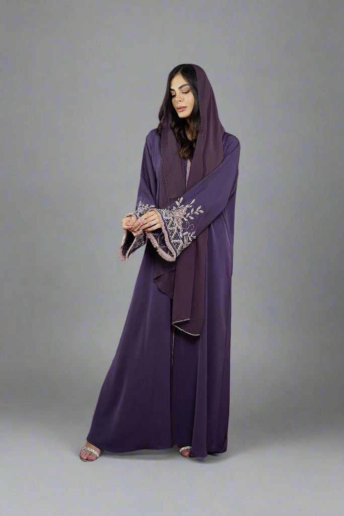 Deep Purple Open Abaya – Luxury Taupe Floral Beaded Sleeve Design