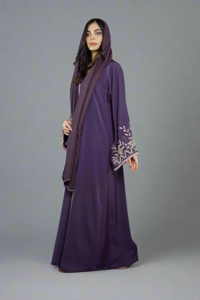 Deep Purple Open Abaya – Luxury Taupe Floral Beaded Sleeve Design