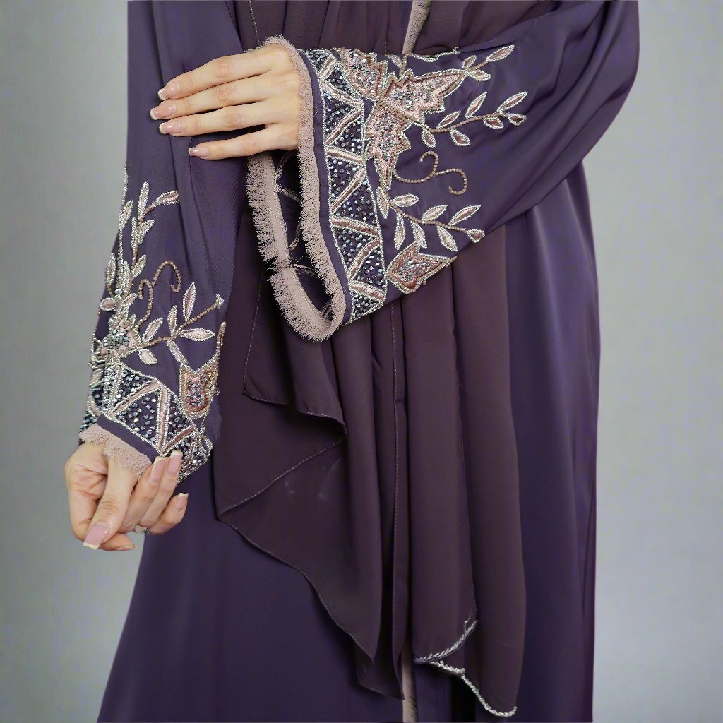 Deep Purple Open Abaya – Luxury Taupe Floral Beaded Sleeve Design