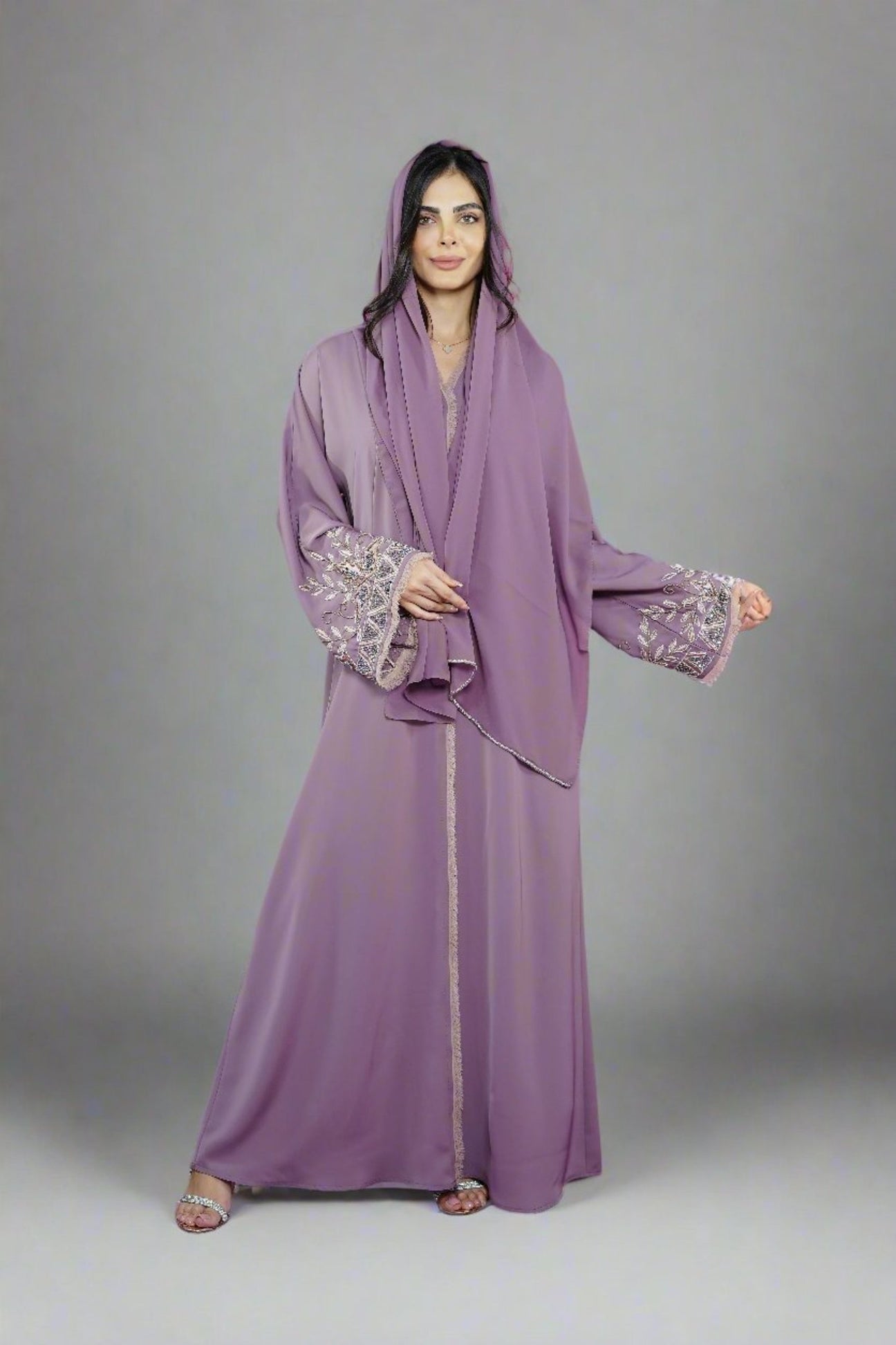 Pastel Lilac Luxury Floral Beaded Sleeves Open Abaya