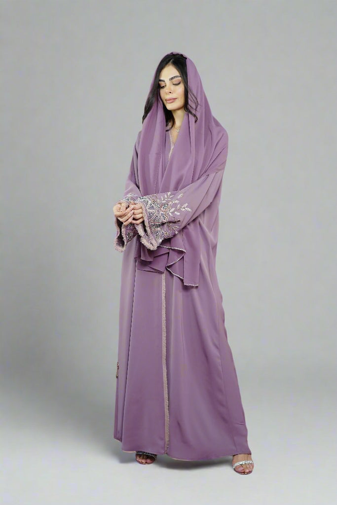 Pastel Lilac Open Abaya – Luxury Taupe Floral Beaded Sleeve Design