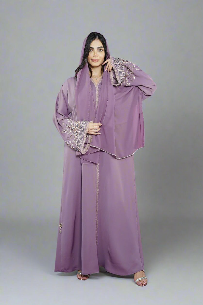 Pastel Lilac Open Abaya – Luxury Taupe Floral Beaded Sleeve Design