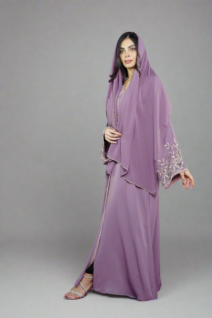 Pastel Lilac Open Abaya – Luxury Taupe Floral Beaded Sleeve Design