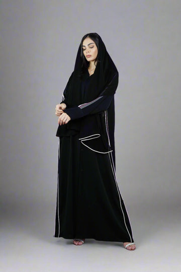 Luxury Black Open abaya with Stripe detailing