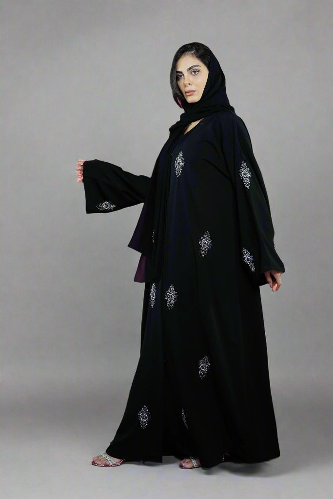 Black Open Abaya – Luxury Geometric Beaded Design