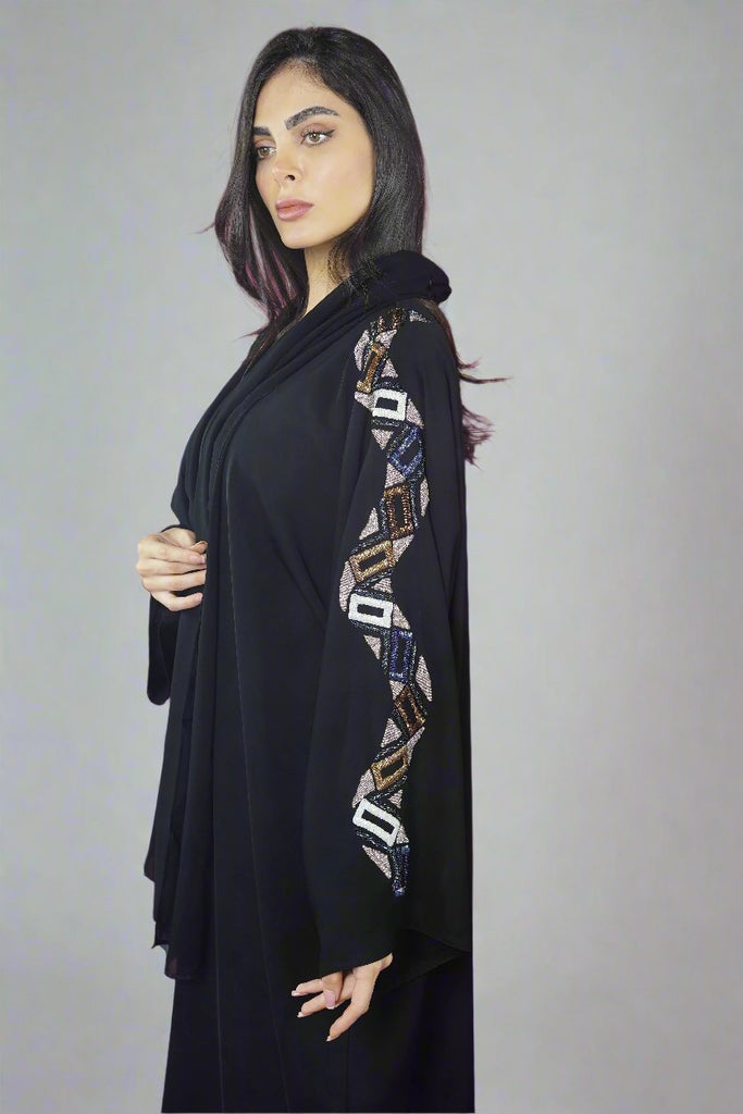 Black Open Abaya – Luxurious Design with Intricate Shape Embroidery