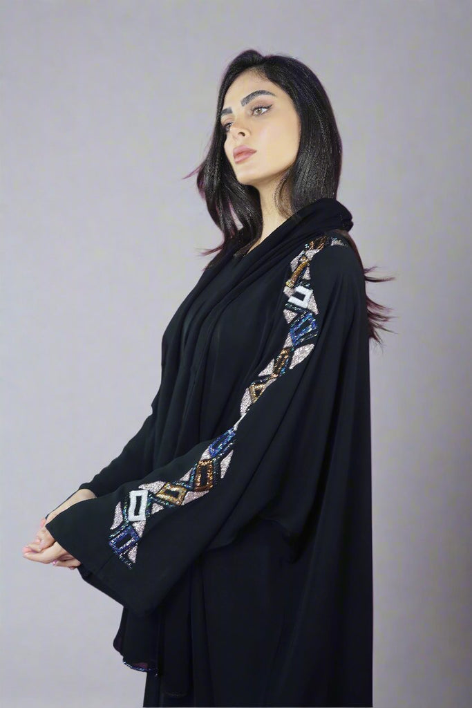 Black Open Abaya – Luxurious Design with Intricate Shape Embroidery
