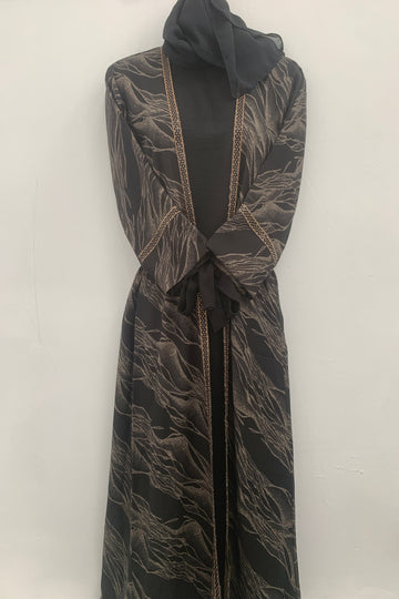 Black & Mink Patterned Embellished Children Double Abaya