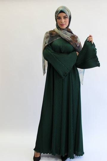 Dark Green Plain Pleated Closed Abaya