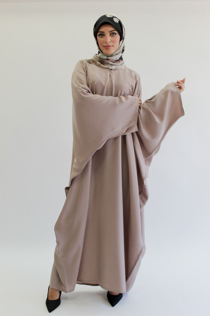 Dark Nude Closed Abaya – Ripple Satin Polyester Batwing Design