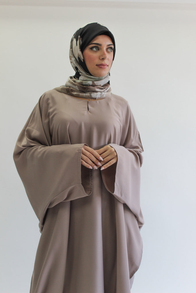 Dark Nude Closed Abaya – Ripple Satin Polyester Batwing Design