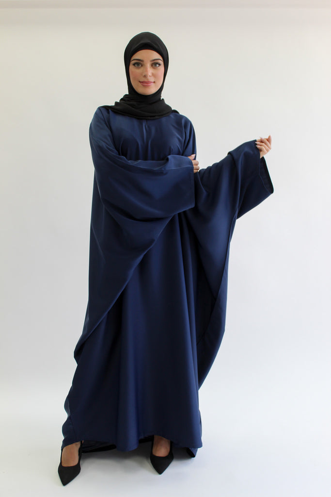 Navy Closed Abaya – Ripple Satin Polyester Batwing Design