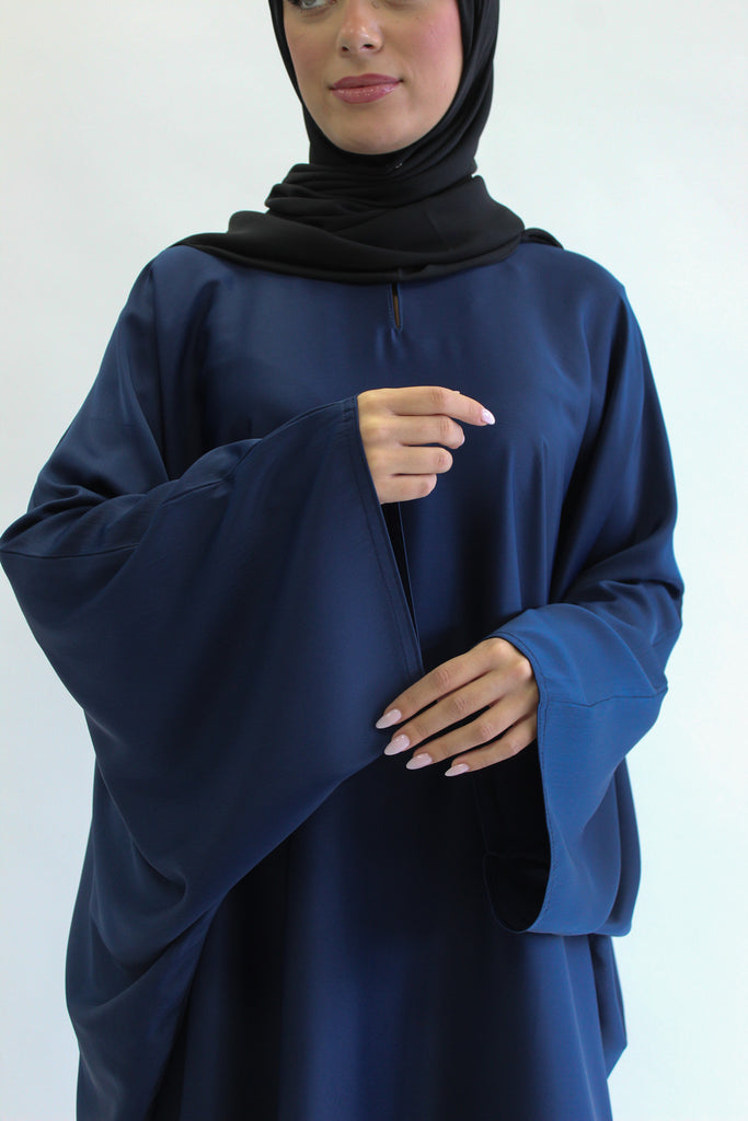 Navy Closed Abaya – Ripple Satin Polyester Batwing Design