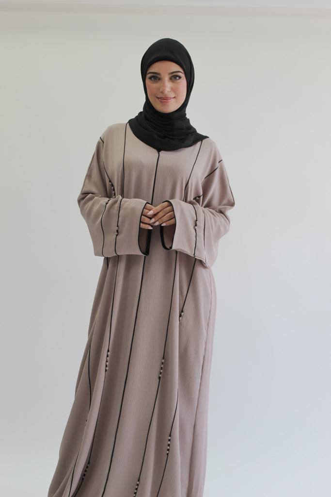 Nude Closed Abaya – Textured Lined Design with Beaded Detailing