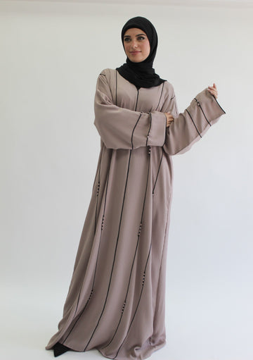Nude Pink  Textured Lined Beaded Closed Abaya