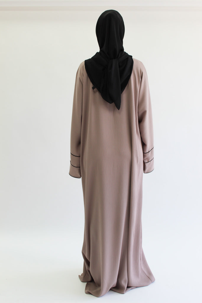 Nude Closed Abaya – Textured Lined Design with Beaded Detailing