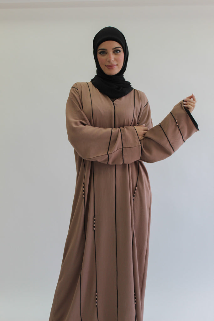 Soft Brown Closed Abaya – Textured Lined Design with Beaded Detailing