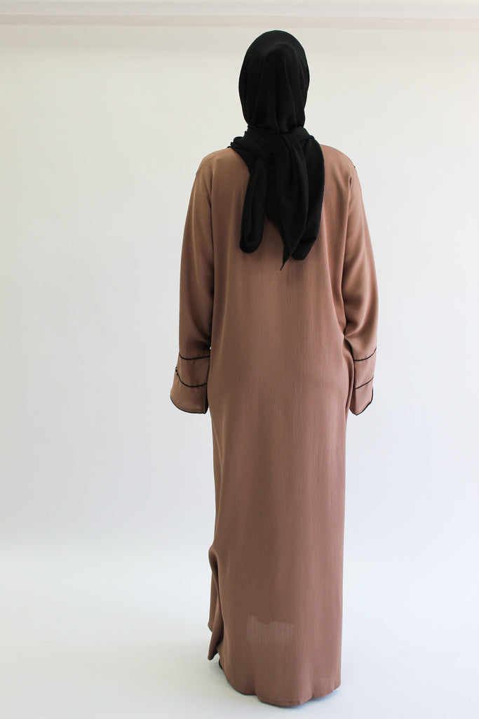 Soft Brown Closed Abaya – Textured Lined Design with Beaded Detailing