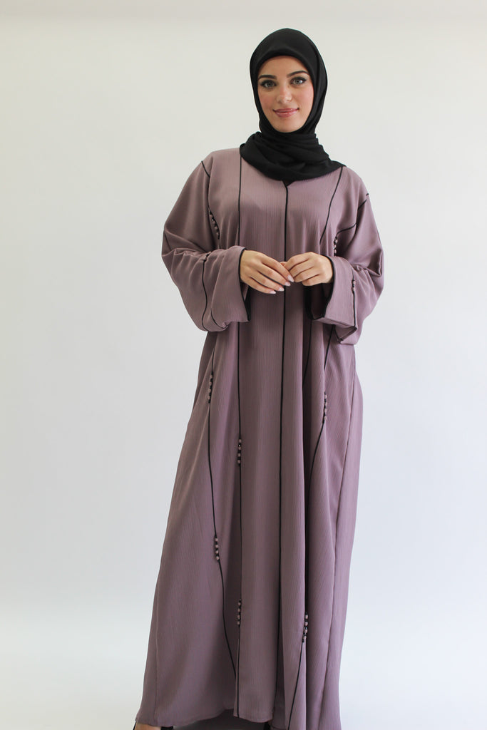 Mauve Closed Abaya – Textured Lined Design with Beaded Detailing