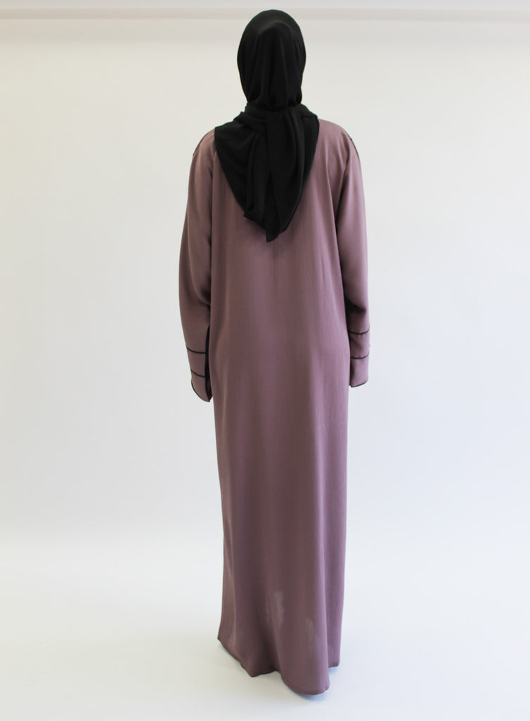 Mauve Closed Abaya – Textured Lined Design with Beaded Detailing