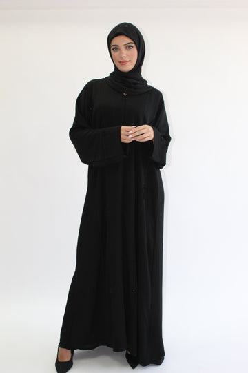 Black Textured Lined Beaded Closed Abaya