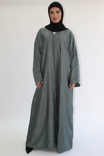 Sage Green Luxurious Patterned Embroidered Open-Front Abaya with pocket