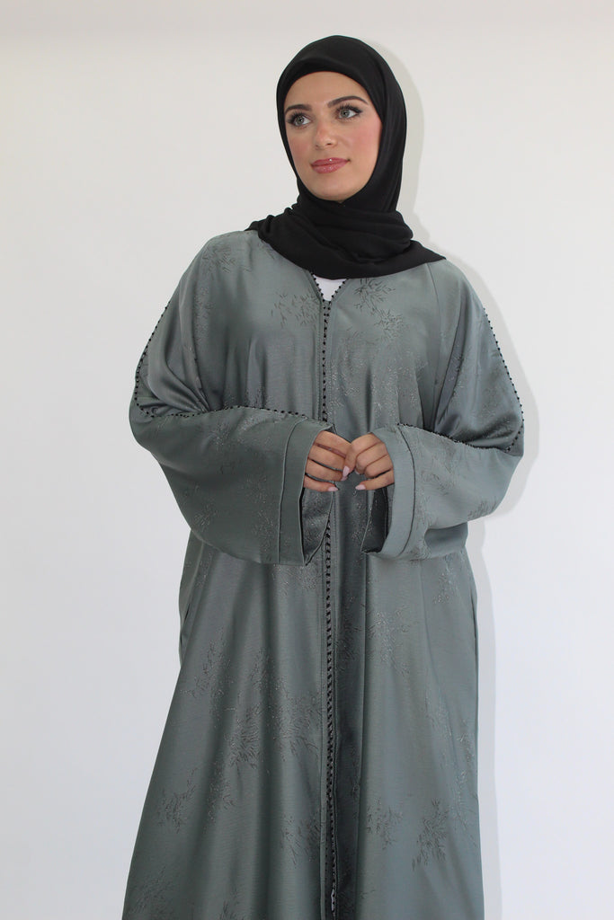 Sage Green Open Abaya – Luxurious Patterned Embroidery with Pocket