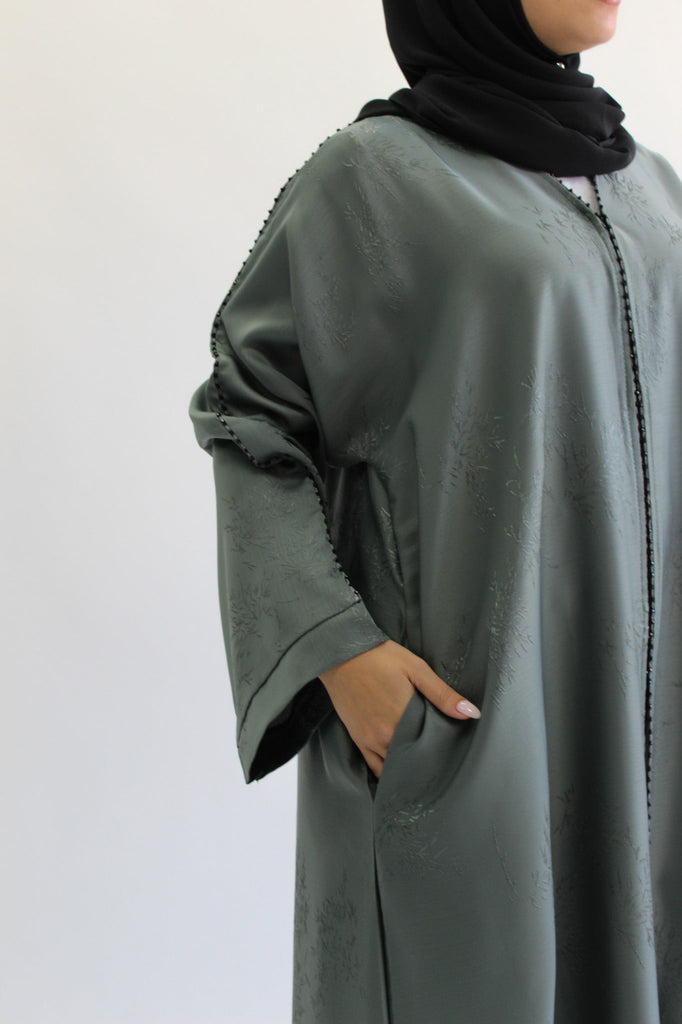 Sage Green Open Abaya – Luxurious Patterned Embroidery with Pocket