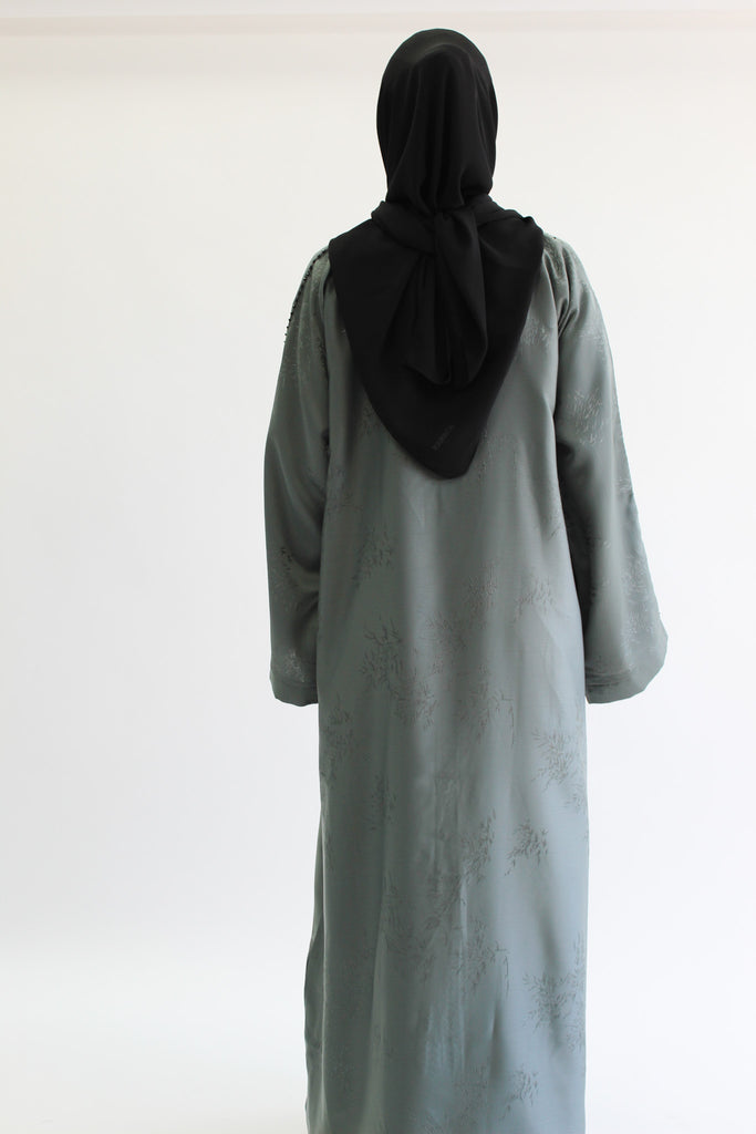 Sage Green Open Abaya – Luxurious Patterned Embroidery with Pocket